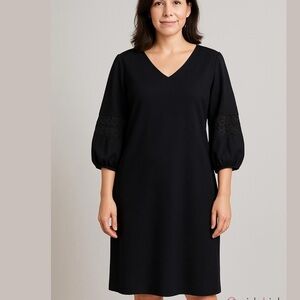 TALBOTS Black Midi Puff 3/4 Sleeves with Lace Details v-neck Dress Sz 8